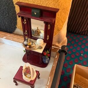Miniature Victorian-Style Vanity with Mirror, Perfume Accessories, & Stool